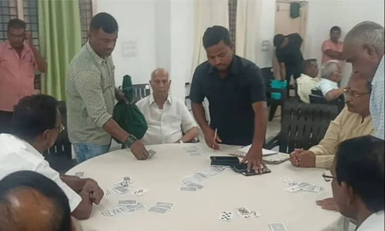 The image shows task force sleuths and Siddipet 1 Town police raiding the Citizens Club in Siddipet on Monday night, October 27, 2025.