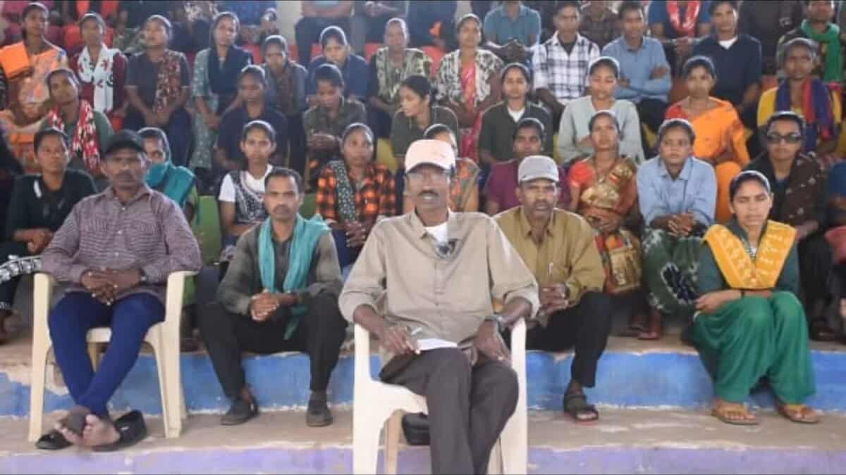 The image shows Takkallapalli Vasudeva Rao speaking in a video message to defend his actions that led to his surrender, along with around 200 Maoist cadres before the Chhattisgarh government on October 17, 2025.