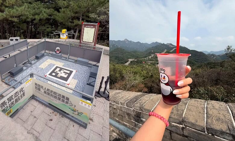 Food delivered via drone on the great wall of China