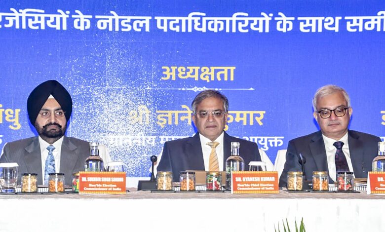 Chief Election Commissioner Gyanesh Kumar (center) with Election Commissioners Sukhbir Singh Sandhu (left) and Vivek Joshi (right) during a meeting with Heads/Nodal Officers of Enforcement Agencies in Bihar. (PTI Photo)