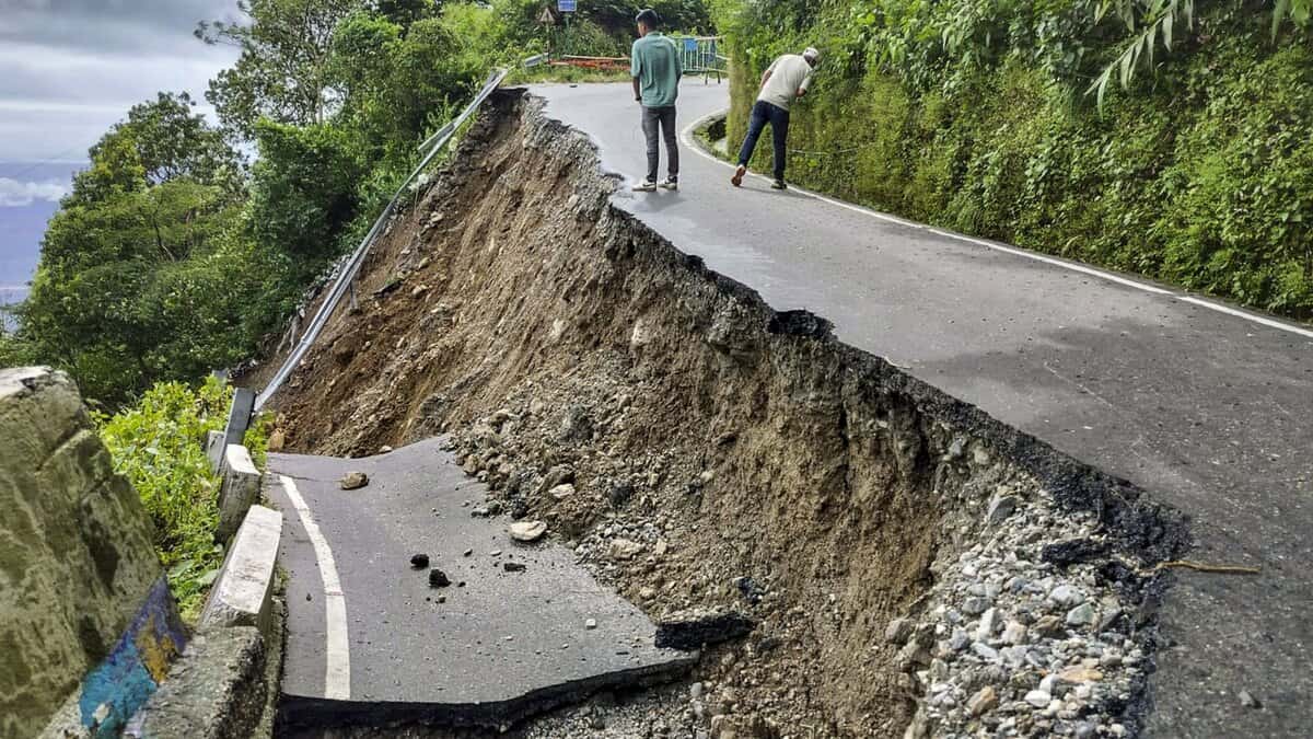 Darjeeling: A portion of the Rohini road connecting Siliguri and Darjeeling, damaged after heavy rainfall triggers landslides on Sunday. (PTI Photo