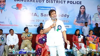 Telangana health minister Damodar Raja Narasimha addresses a gathering in Sangareddy