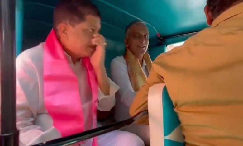 BRS MLA Harish Rao travels in an auto rickshaw