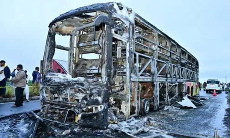 The bus was charred after a collision with bike