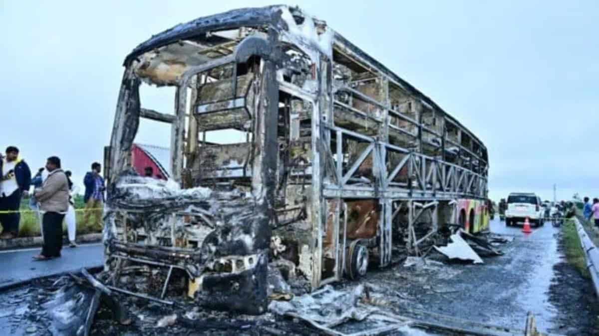 The bus was charred after a collision with bike