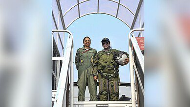 President Droupadi Murmu poses for pictures before she takes a sortie in Rafale fighter jet, at Air Force Station in Haryana's Ambala