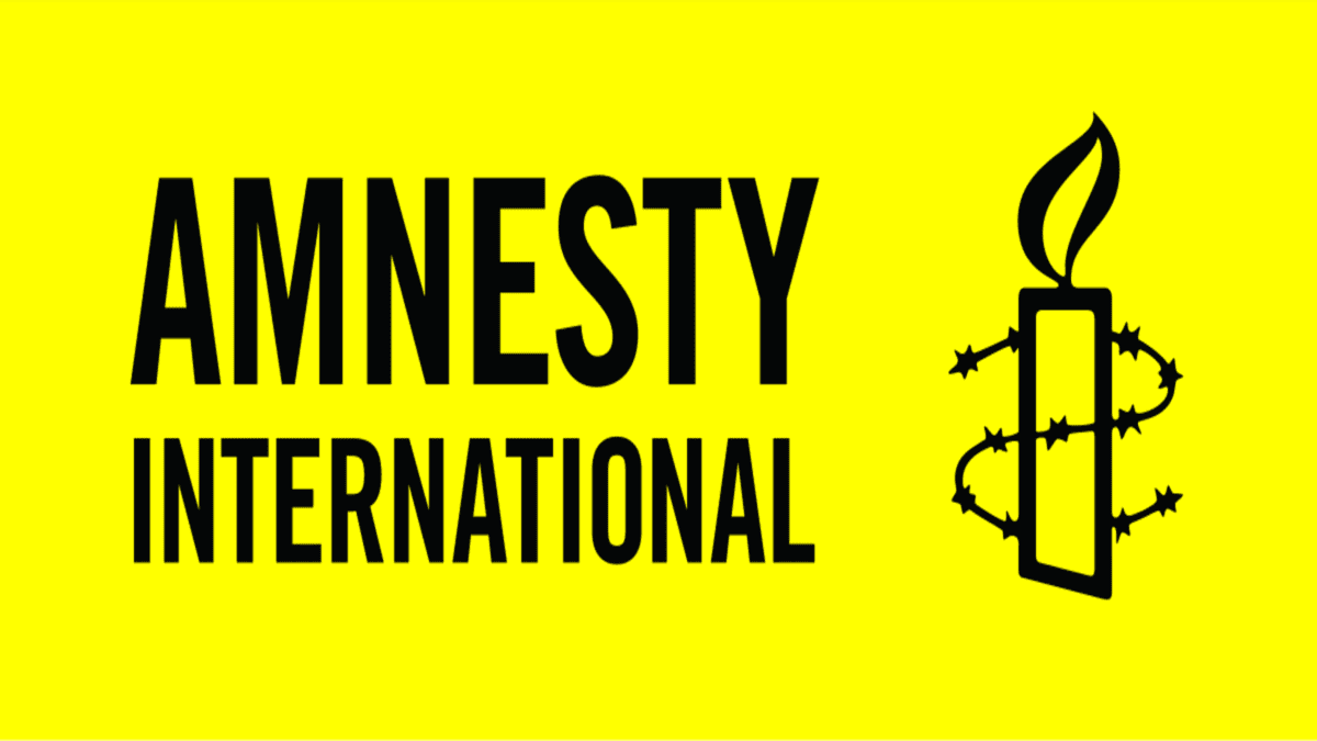 Logo of Amnesty International featuring a candle wrapped in barbed wire on a yellow background.