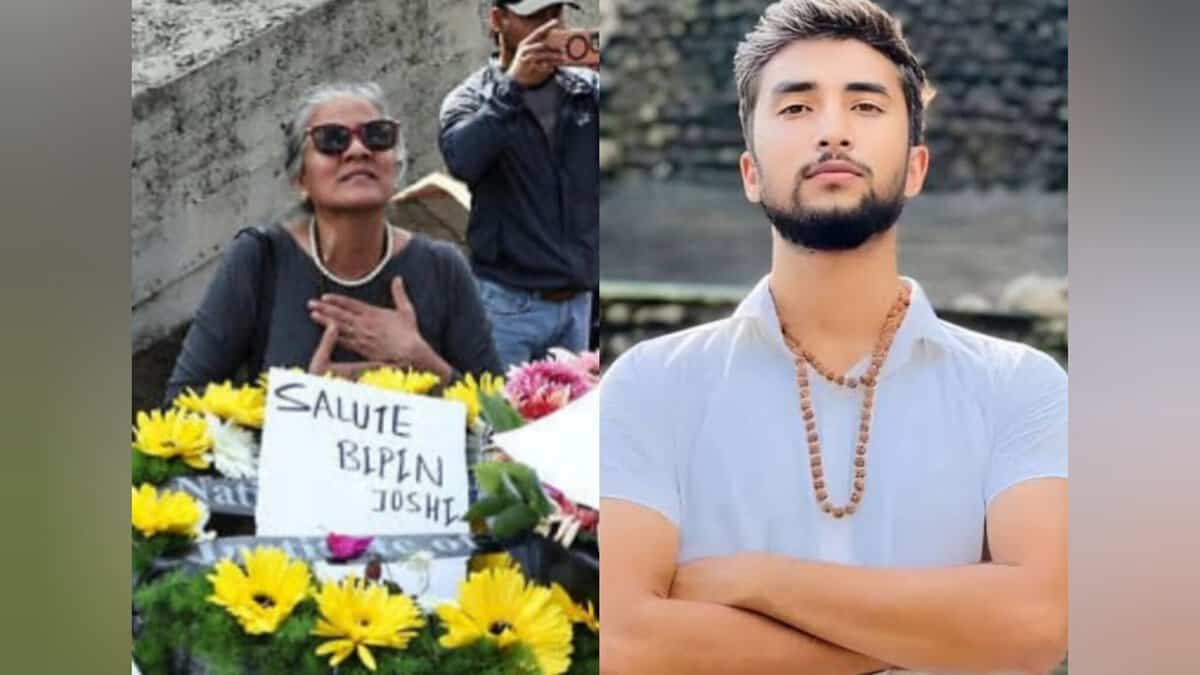 Composite image showing mourners gathered around the coffin of slain hostage Bipin Joshi at Ben Gurion Airport, and a portrait of Bipin Joshi in a white shirt.