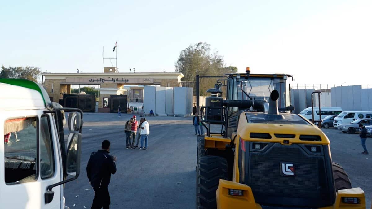 Bulldozers enter the Egyptian side of the Rafah crossing for inspection before entering Gaza following a ceasefire agreement.