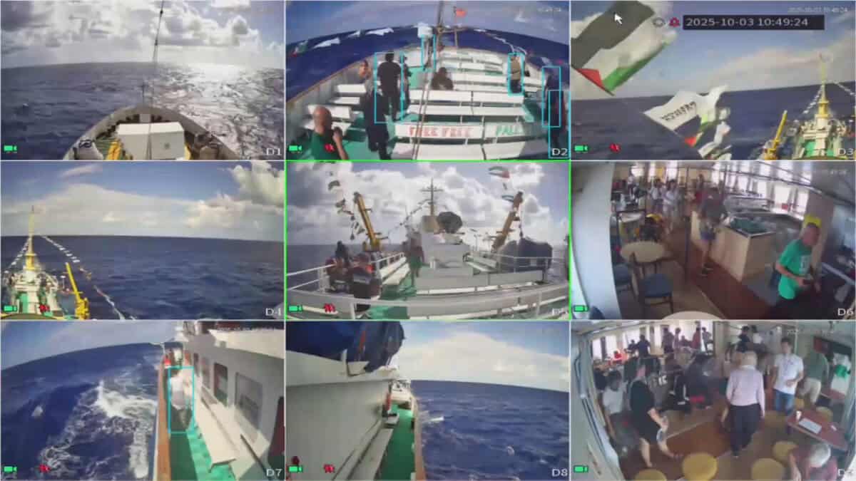 Livestream screenshot from the Conscience ship of the Freedom Flotilla Coalition sailing towards Gaza on October 3.