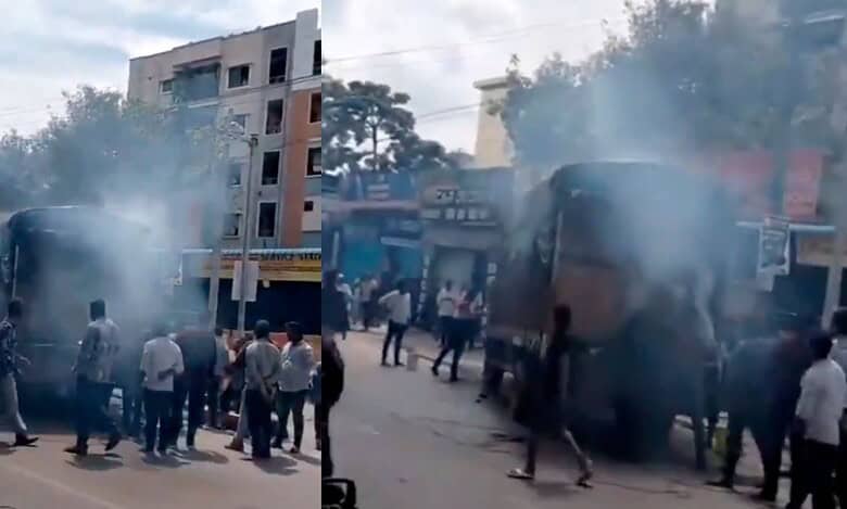 A truck carrying liquor caught fire in Hyderabad