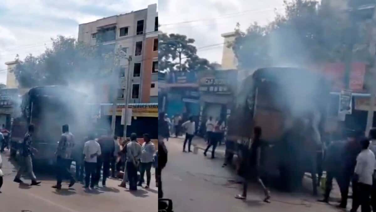 A truck carrying liquor caught fire in Hyderabad