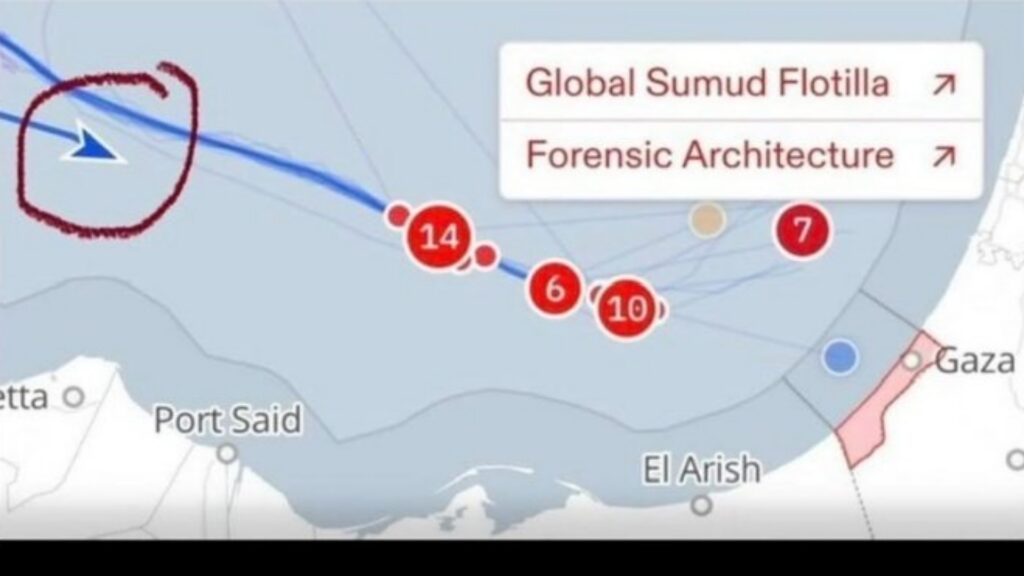 A Global Sumud Flotilla tracker map showing the Marinette vessel marked in blue as still sailing, while other vessels near Gaza are marked red as intercepted.