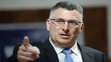 Israeli Foreign Minister Gideon Sa’ar gestures during a meeting.