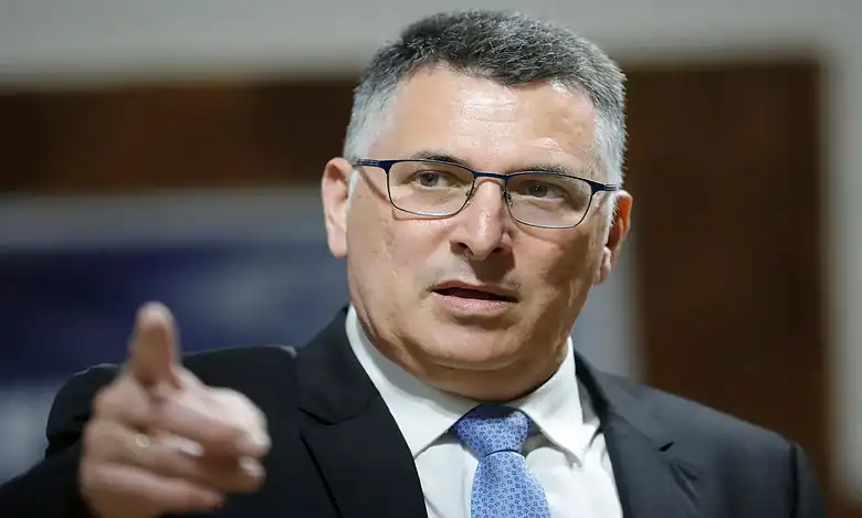 Israeli Foreign Minister Gideon Sa’ar gestures during a meeting.
