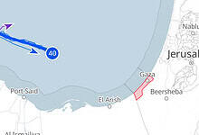 Map of eastern Mediterranean showing Global Sumud Flotilla at 90 nautical miles from Gaza coast, with purple zigzag route from north, blue arrows indicating direction, and labeled cities including Nablus, Jerusalem, Gaza, Port Said, El Arish, Beersheba.