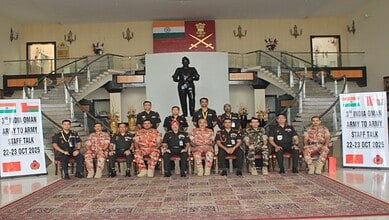 Indian and Omani Army officers pose for a group photograph during the 3rd India–Oman Army-to-Army Staff Talks held in New Delhi, October 2025.
