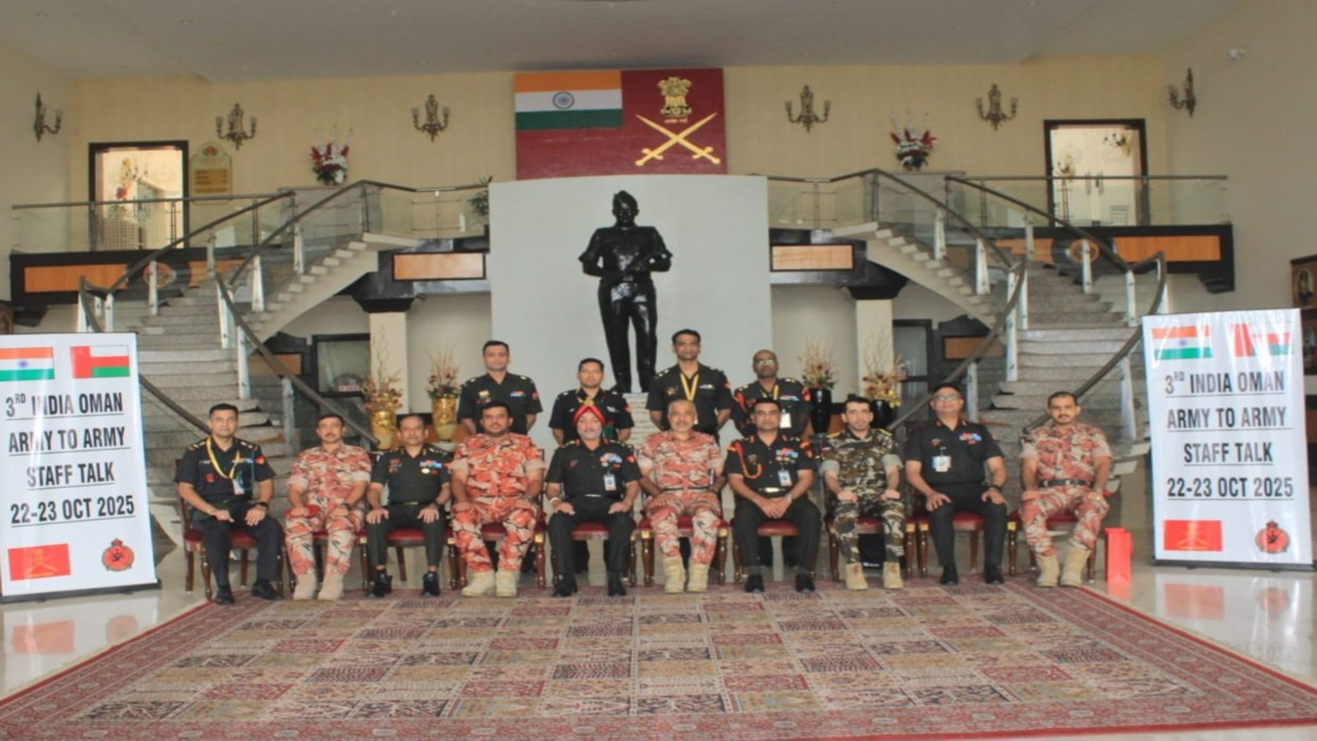 Indian and Omani Army officers pose for a group photograph during the 3rd India–Oman Army-to-Army Staff Talks held in New Delhi, October 2025.