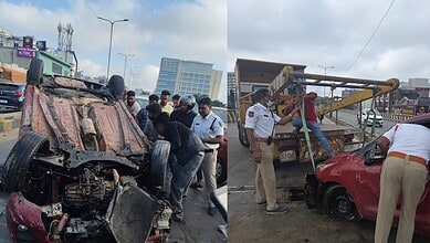 Speeding car overturns on Hyderabad’s JNTU flyover, 2 detained