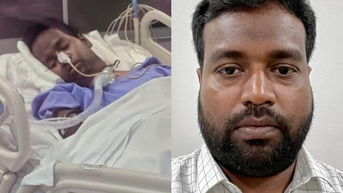 Telangana software engineer Lokini Krishna Murthy seen hospitalised and on ventilator support in Riyadh, alongside an earlier photograph of him before the medical emergency.