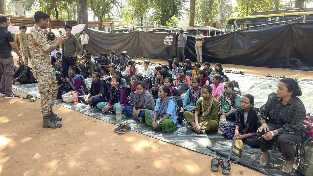 Maoists at the Border Security Force (BSF) camp after their surrender, in Kanker district, Chhattisgarh. (Handout via PTI Photo)