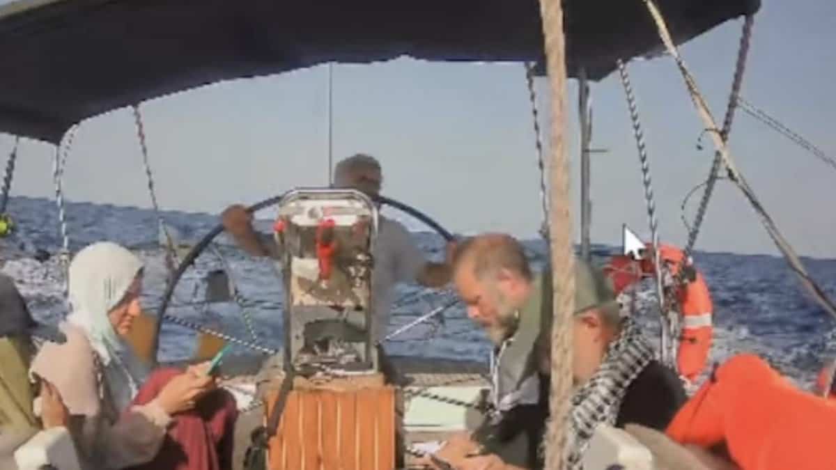 People onboard the Marinette vessel sailing in the Mediterranean Sea.