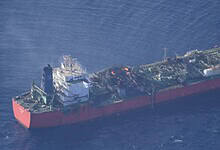 An aerial view of the Cameroon-flagged LPG carrier MV Falcon showing fire damage on deck after an onboard explosion off the coast of Yemen.