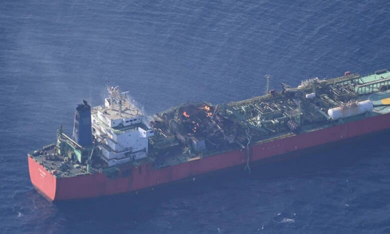 An aerial view of the Cameroon-flagged LPG carrier MV Falcon showing fire damage on deck after an onboard explosion off the coast of Yemen.