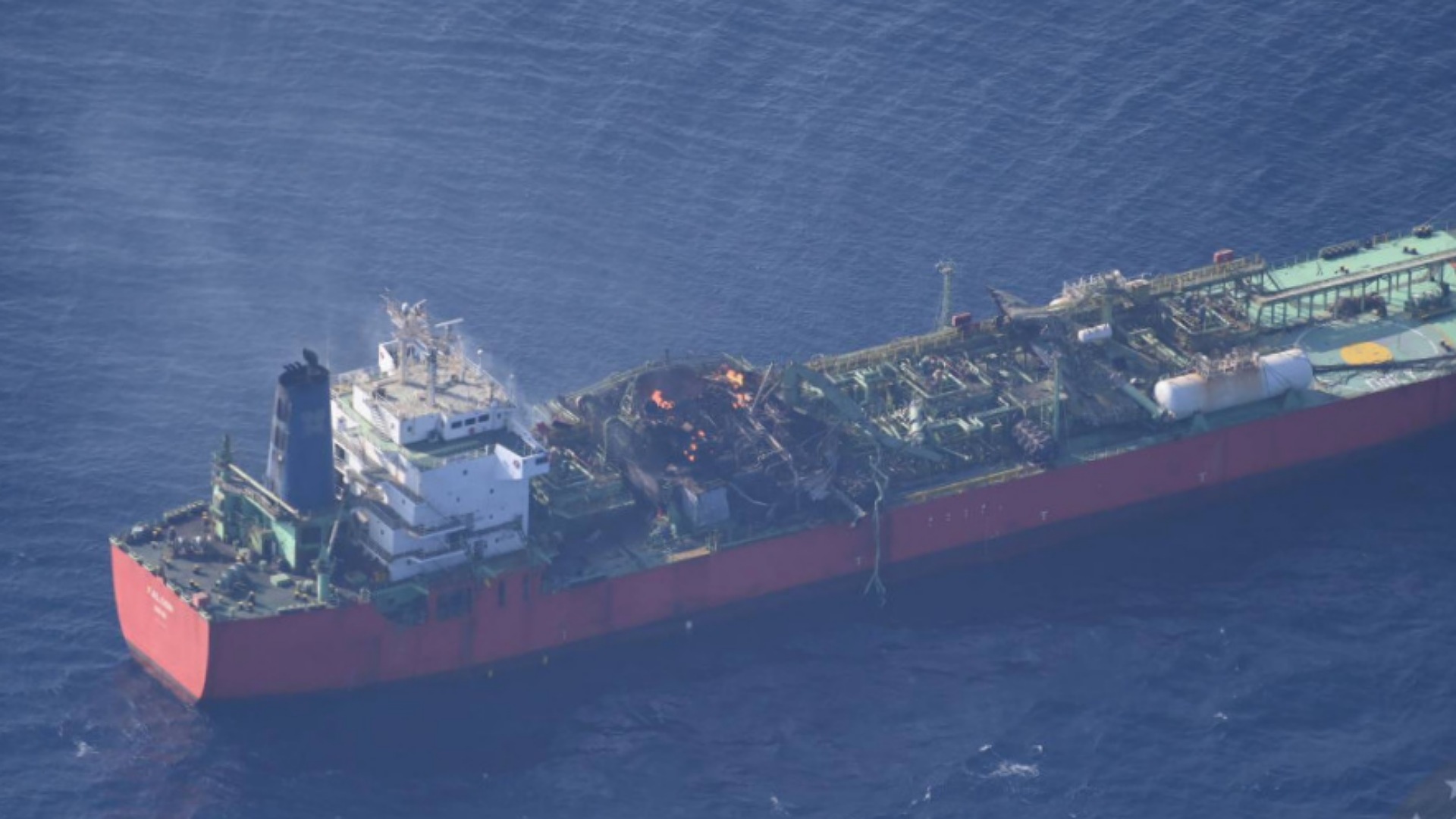 An aerial view of the Cameroon-flagged LPG carrier MV Falcon showing fire damage on deck after an onboard explosion off the coast of Yemen.