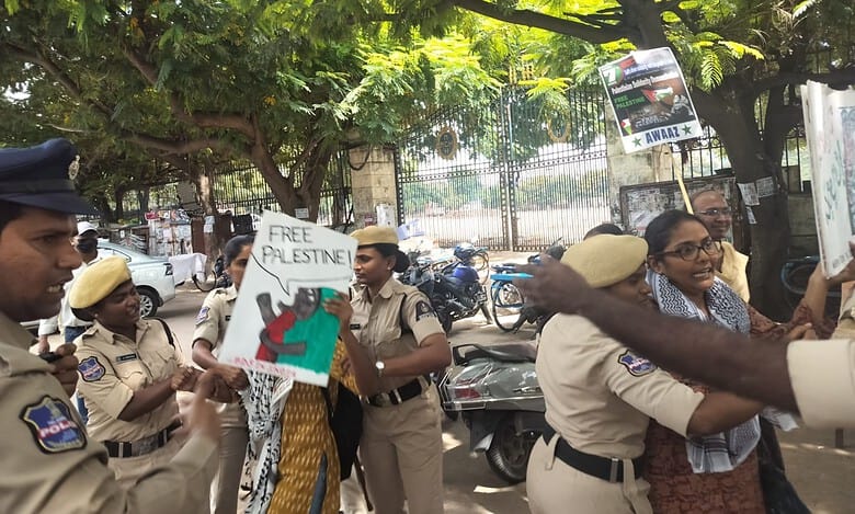 Demonstrators who were peacefully protesting for Free Palestine were detained by the Hyderabad police.