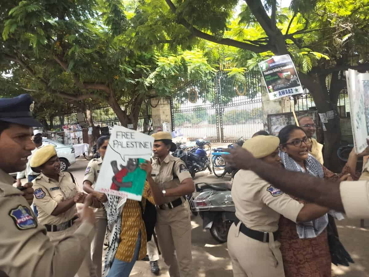 Demonstrators who were peacefully protesting for Free Palestine were detained by the Hyderabad police.