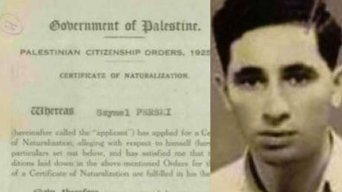 A 1937 document titled Government of Palestine Certificate of Naturalisation issued under the Palestinian Citizenship Orders, showing the name Szymel Perski alongside a portrait of a young Shimon Peres.