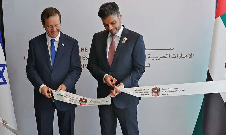 Israeli and Emirati officials cut a ribbon during the opening ceremony of the UAE Embassy in Tel Aviv, July 2021.