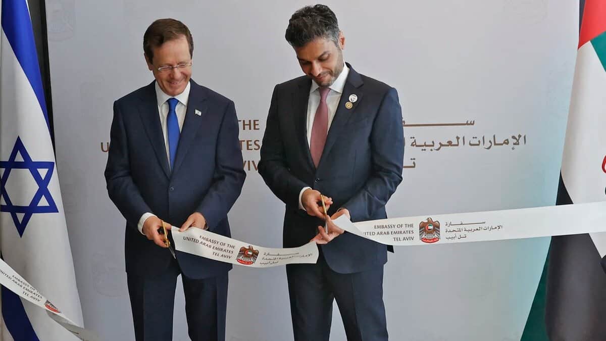 Israeli and Emirati officials cut a ribbon during the opening ceremony of the UAE Embassy in Tel Aviv, July 2021.