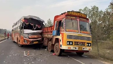 A bus rams into a truck in Telangana's Adilabad