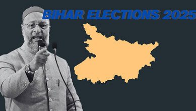 illustration of asad owaisi in front of bihar map for 2025 elections