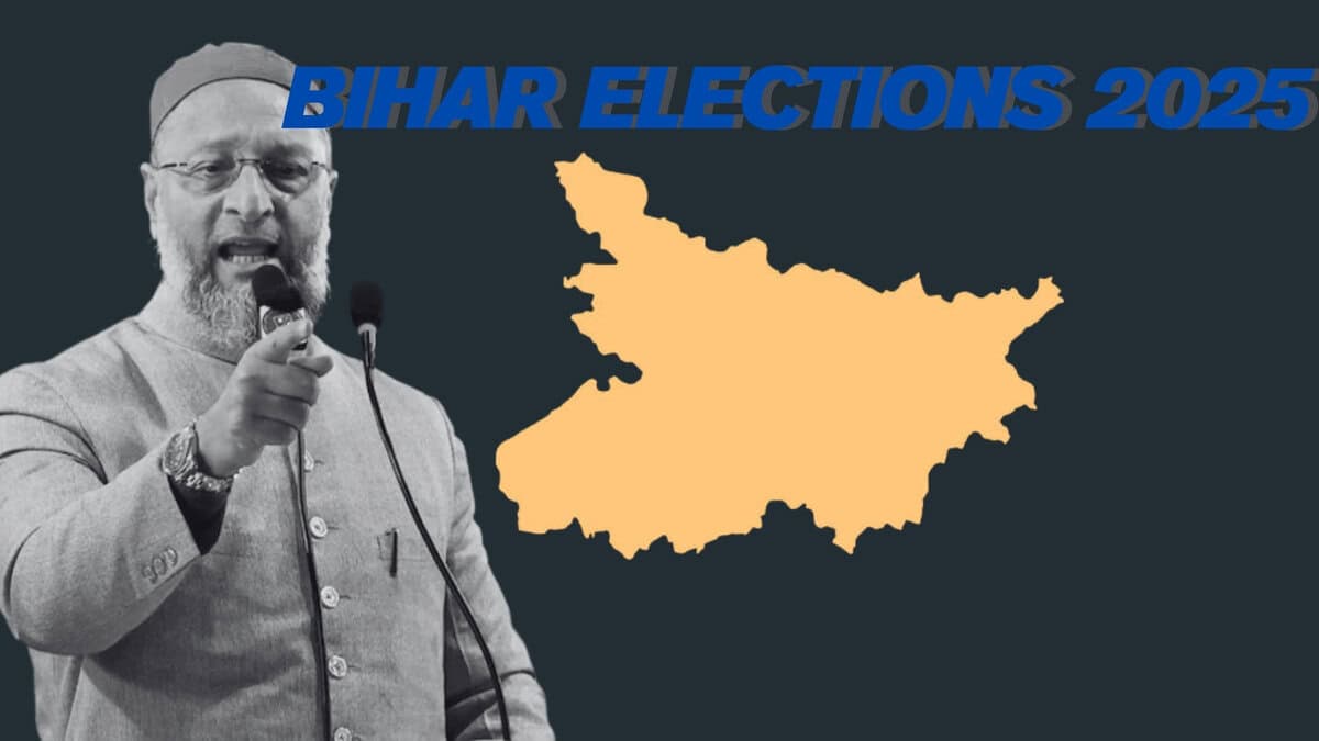illustration of asad owaisi in front of bihar map for 2025 elections