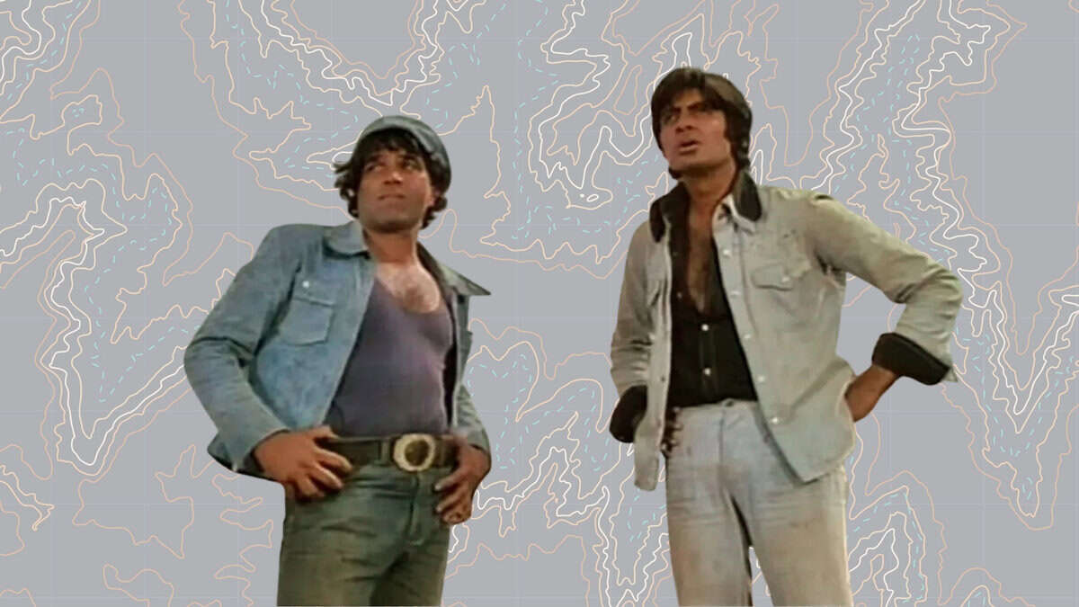 dharmendra and amitabh, a still from the movie sholay