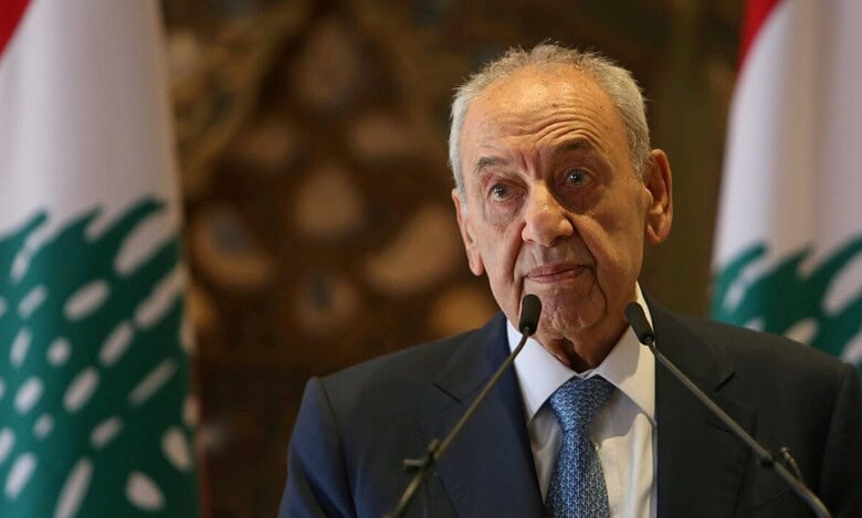 Lebanese Parliament Speaker Nabih Berri addresses a press conference in Beirut.