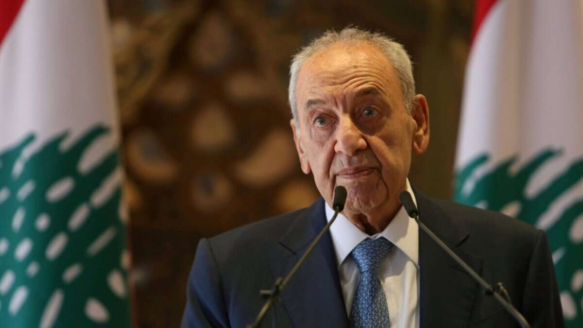 Lebanese Parliament Speaker Nabih Berri addresses a press conference in Beirut.