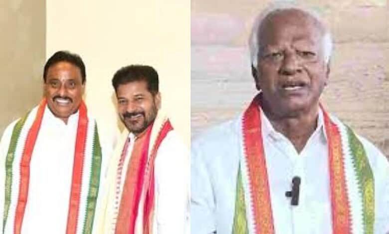 Danam Nagender with Chief Minister Revanth Reddy on the left and Kadiyam Srihari on the right