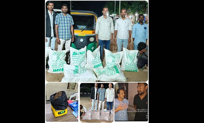 Telangana excise officials with seized ganja and jaggery
