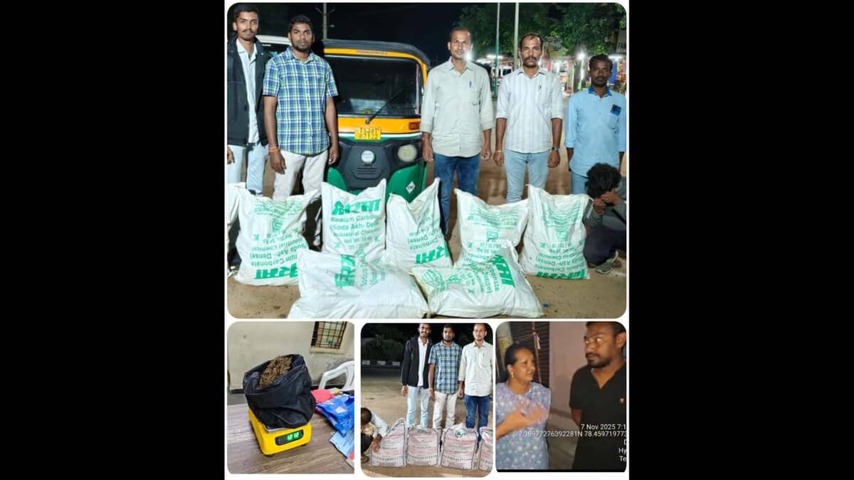 Telangana excise officials with seized ganja and jaggery