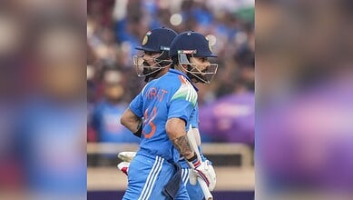 India's Virat Kohli, front, and KL Rahul run between the wickets during the first ODI cricket match of a series between India and South Africa at JSCA International Stadium Complex in Ranchi on Sunday. (PTI Photo/Kamal Kishore