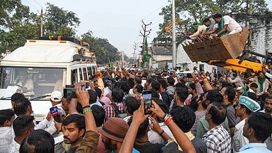 Patna Supporters during RJD Chief Lalu Prasad Yadav's road show with CPI-ML candidate from Digha Assembly Constituency, Divya Gautam, ahead of Bihar Legislative Assembly elections