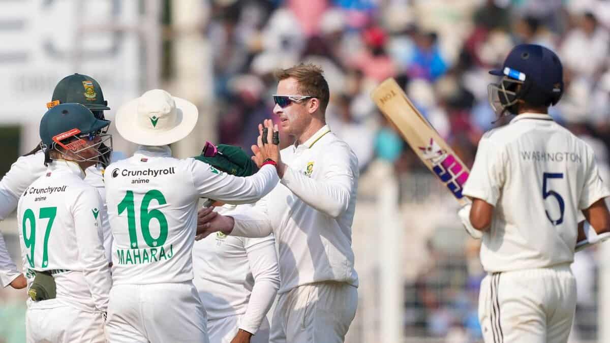 South African players celebrating while India batsmen walking back after Test defeat to South Africa November 2025