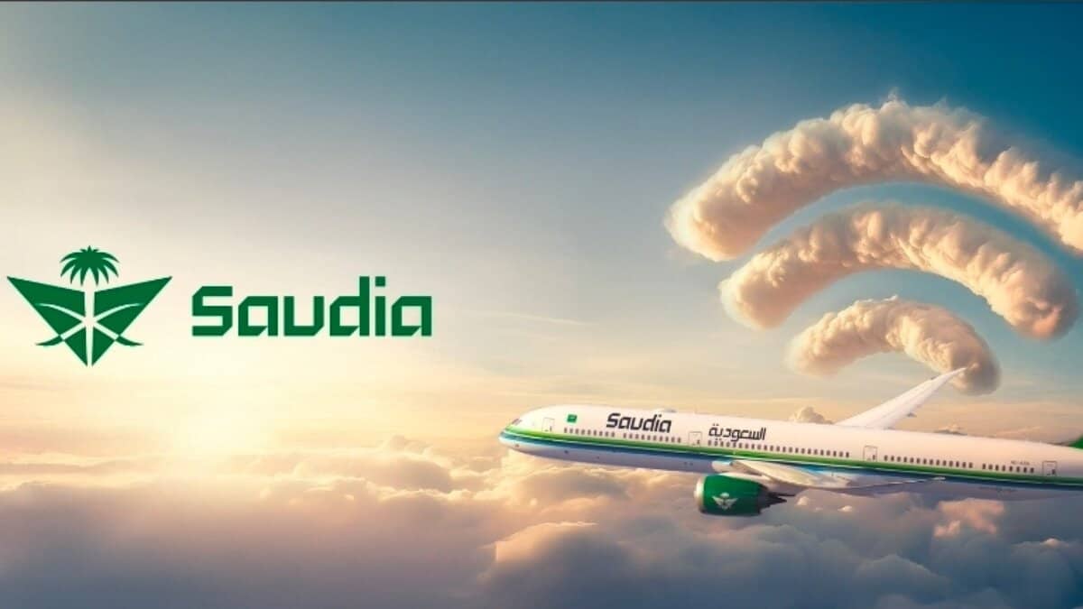 Saudia aircraft flying above the clouds with WiFi signal icons formed from clouds, symbolising in-flight internet connectivity.