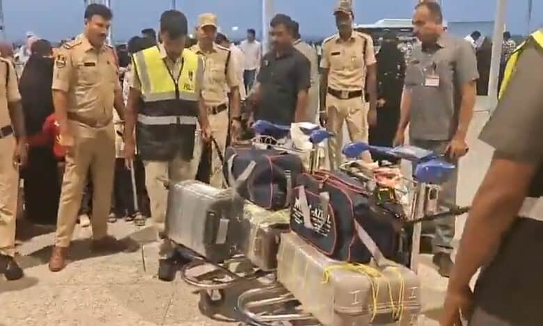 Cyberabad police officials inspect luggage at Hyderabad airport