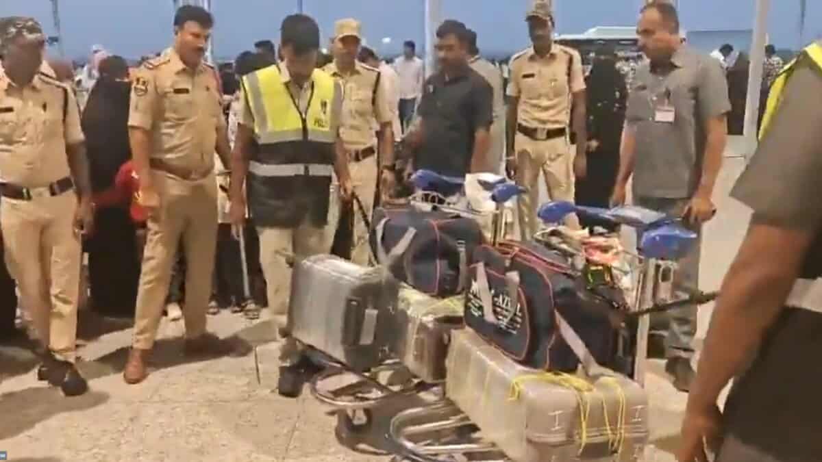 Cyberabad police officials inspect luggage at Hyderabad airport