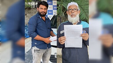 A photo collage showing a man on the left and his elderly father on the right holding a letter appealing for help.